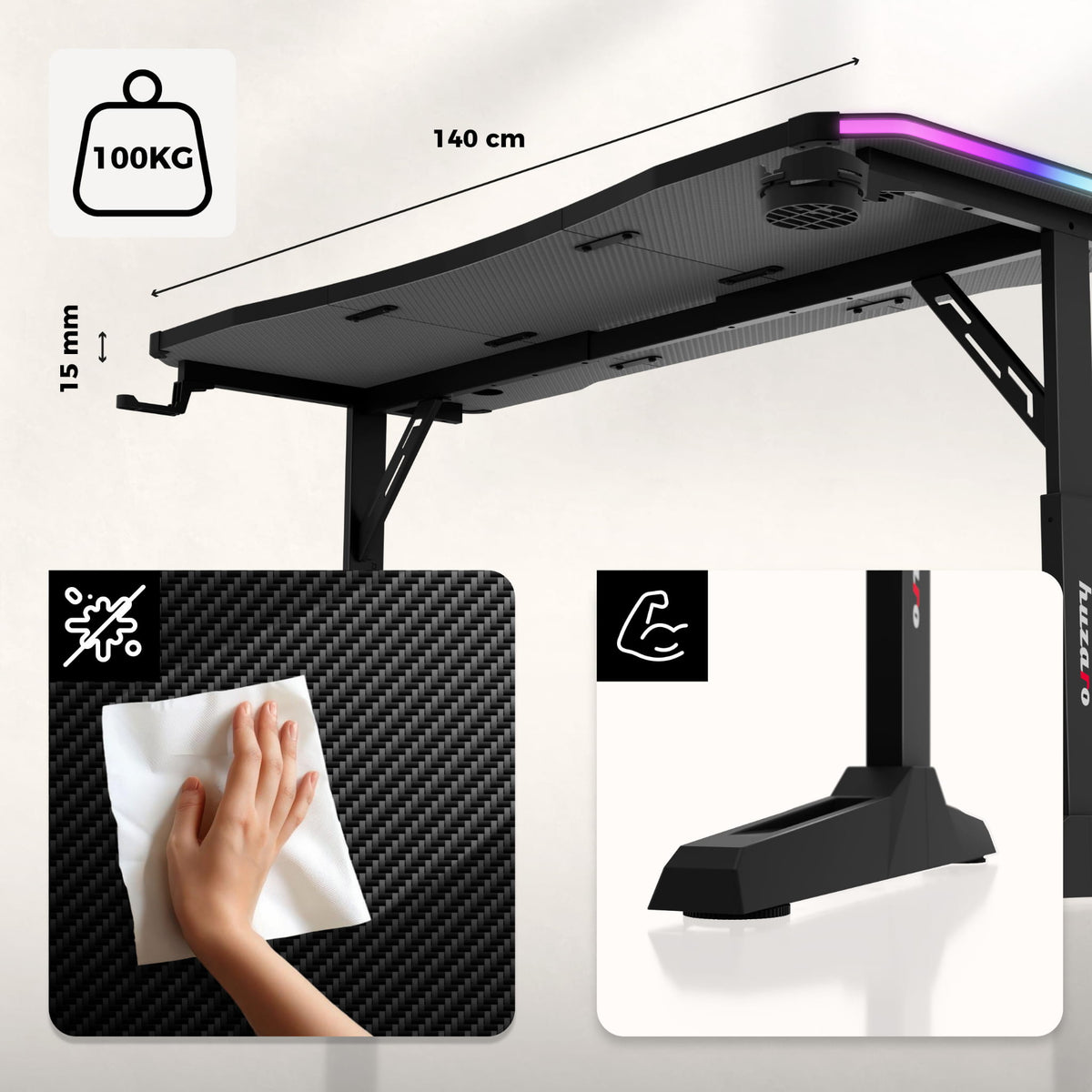 Biurko gamingowe Huzaro Hero 3.6 RGB LED Black 140 cm
