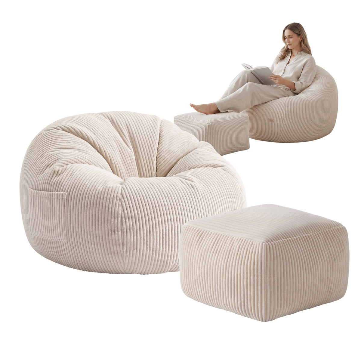 Fotel pufa sztruksowa z podnóżkiem Mark Adler Comfy 3.0 Beige
