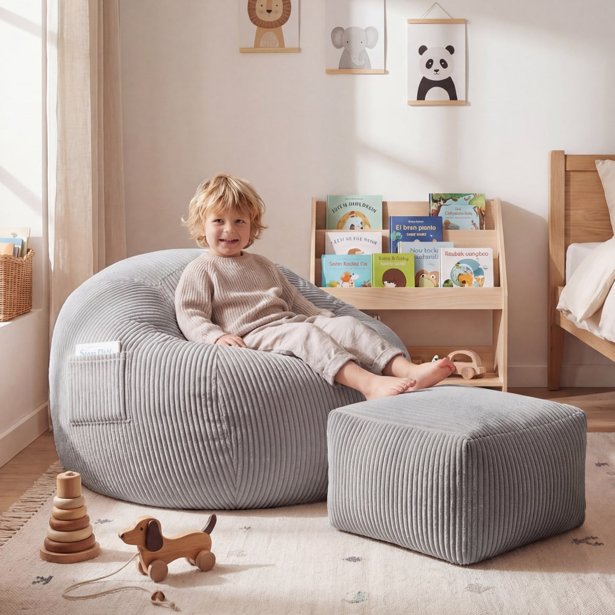 Fotel pufa sztruksowa z podnóżkiem Mark Adler Comfy 3.0 Grey