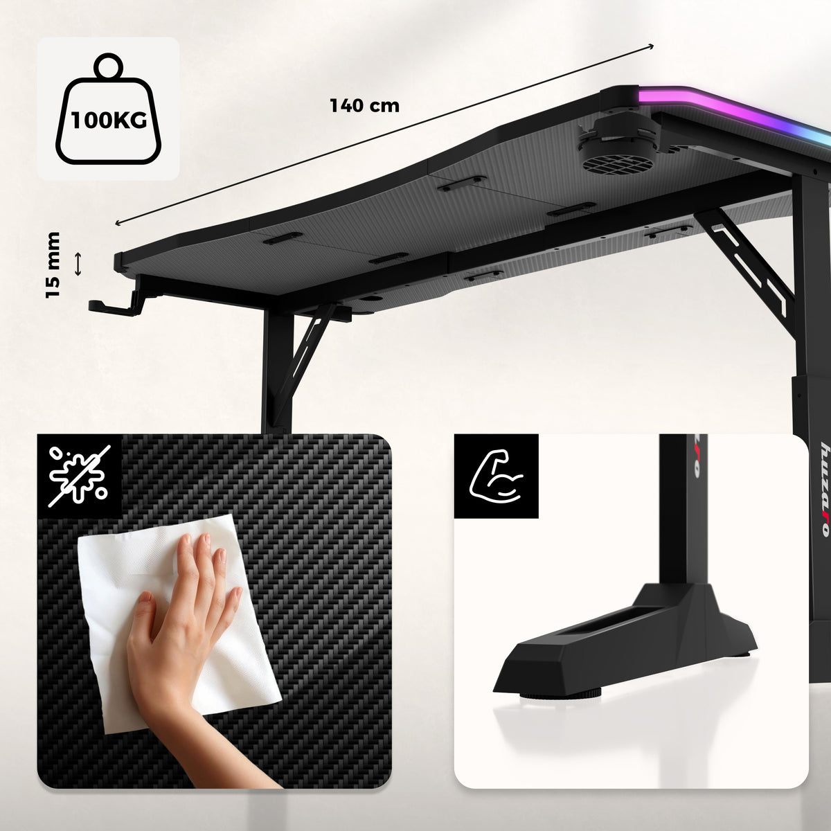 Biurko gamingowe Huzaro Hero 3.6 RGB LED Black 140 cm