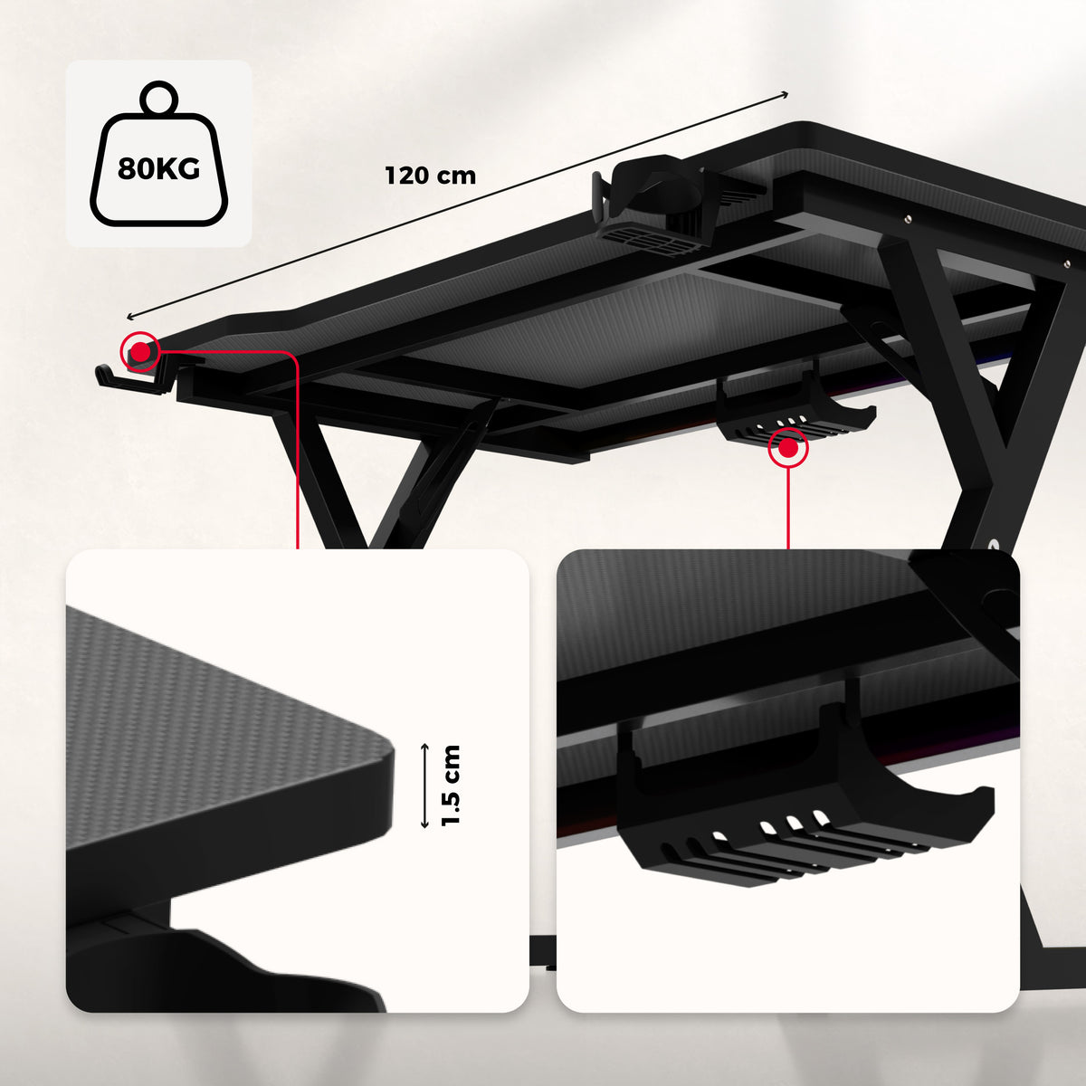 Biurko gamingowe z oświetleniem LED Hero 2.4 RGB Black