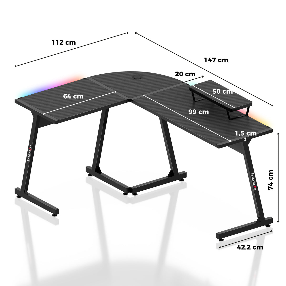 Biurko Gamingowe HUZARO HERO 6.0 Black RGB Smart 147 cm
